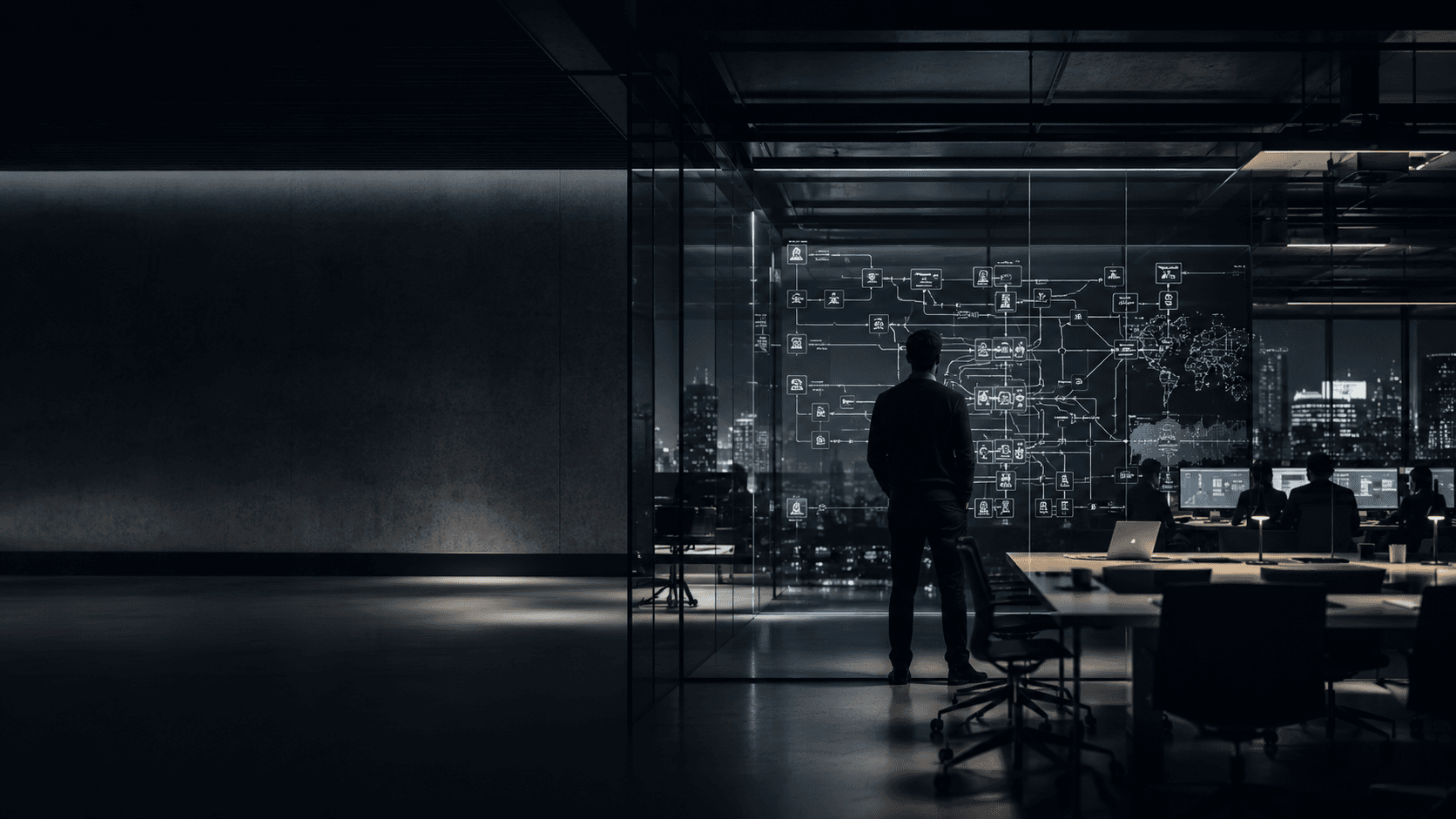 Dark executive office with AI workflow diagrams on glass