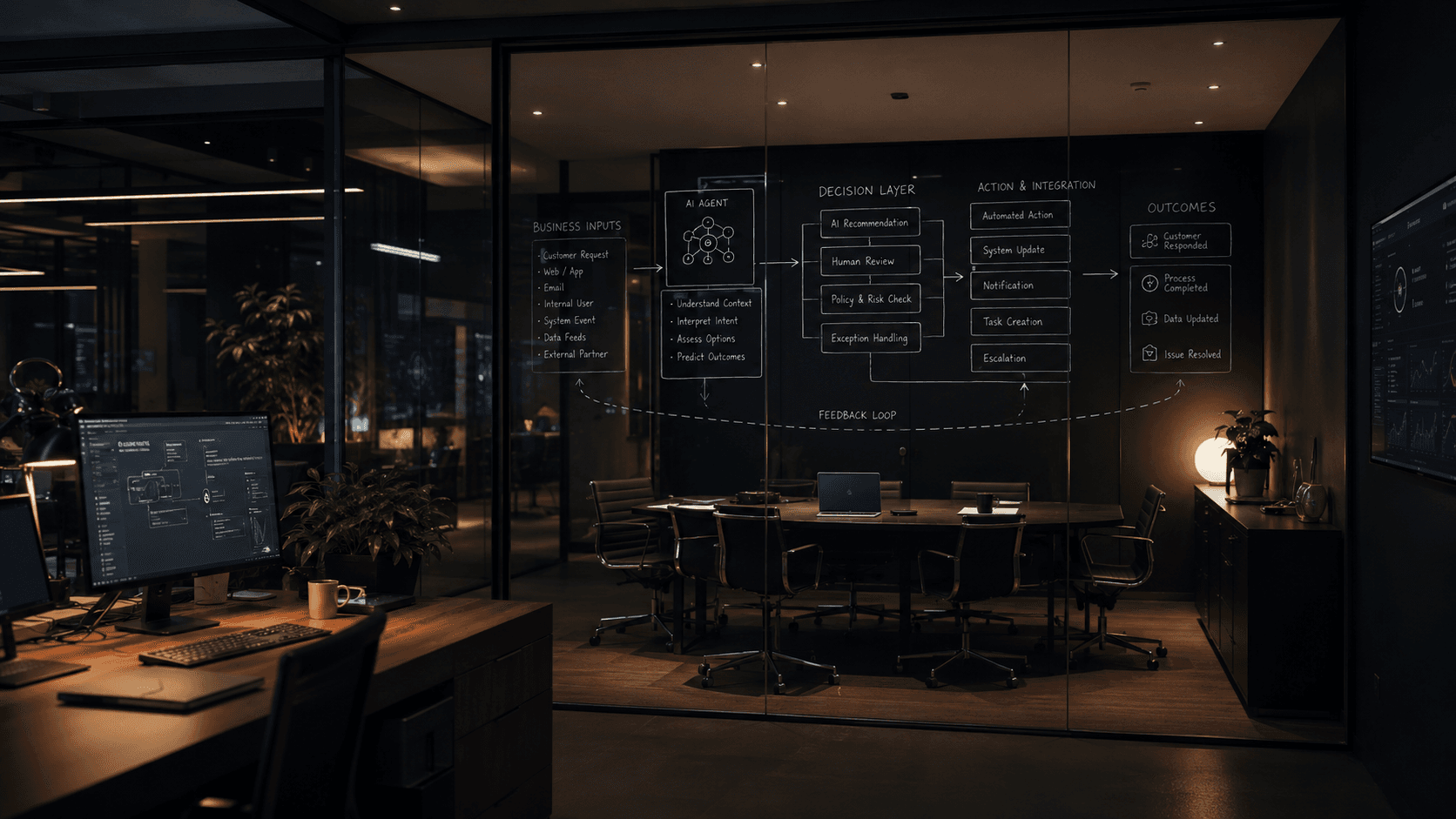 Dark office meeting room with agent workflow boundaries drawn on glass