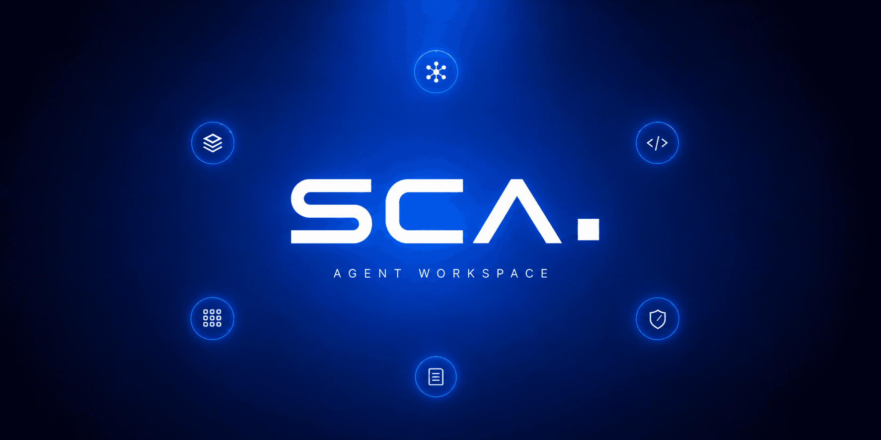 SCA agent workspace release graphic with orbiting runtime rings